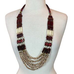 Chicos Multi-Strand Wooden Beaded Bib Necklace Pagi Cherry Style NWT